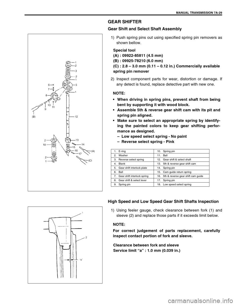 SUZUKI SWIFT 2000 1.G Transmission Service Workshop Manual MANUAL TRANSMISSION 7A-29
GEAR SHIFTER
Gear Shift and Select Shaft Assembly
1) Push spring pins out using specified spring pin removers as
shown bellow.
Special tool
(A) : 09922-85811 (4.5 mm)
(B) : 0