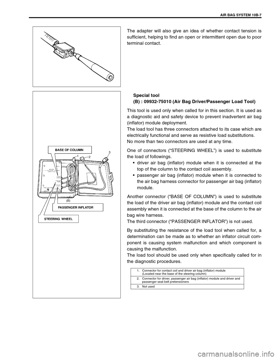 SUZUKI SWIFT 2000 1.G Transmission Service Workshop Manual AIR BAG SYSTEM 10B-7
The adapter will also give an idea of whether contact tension is
sufficient, helping to find an open or intermittent open due to poor
terminal contact.
Special tool
(B) : 09932-7 SUZUKI SWIFT 2000 1.G Transmission Service Workshop Manual AIR BAG SYSTEM 10B-7
The adapter will also give an idea of whether contact tension is
sufficient, helping to find an open or intermittent open due to poor
terminal contact.
Special tool
(B) : 09932-7