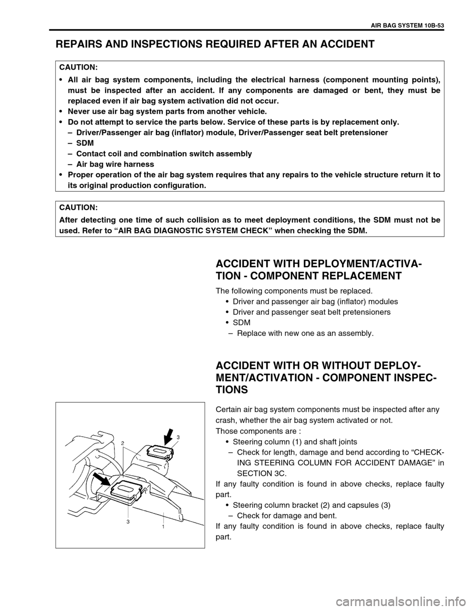 SUZUKI SWIFT 2000 1.G Transmission Service Workshop Manual AIR BAG SYSTEM 10B-53
REPAIRS AND INSPECTIONS REQUIRED AFTER AN ACCIDENT
ACCIDENT WITH DEPLOYMENT/ACTIVA-
TION - COMPONENT REPLACEMENT
The following components must be replaced.
Driver and passenger SUZUKI SWIFT 2000 1.G Transmission Service Workshop Manual AIR BAG SYSTEM 10B-53
REPAIRS AND INSPECTIONS REQUIRED AFTER AN ACCIDENT
ACCIDENT WITH DEPLOYMENT/ACTIVA-
TION - COMPONENT REPLACEMENT
The following components must be replaced.
Driver and passenger