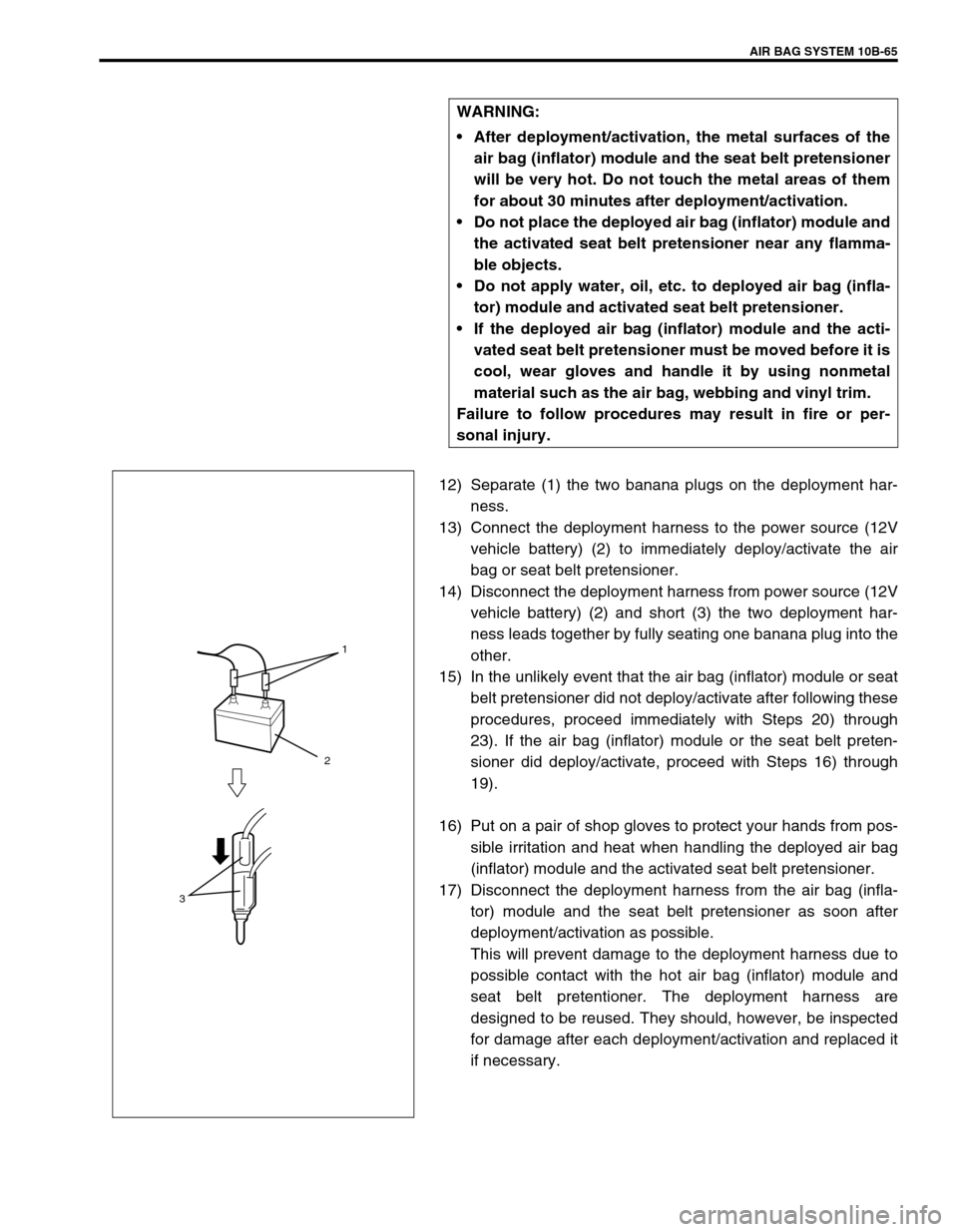 SUZUKI SWIFT 2000 1.G Transmission Service Workshop Manual AIR BAG SYSTEM 10B-65
12) Separate (1) the two banana plugs on the deployment har-
ness.
13) Connect the deployment harness to the power source (12V
vehicle battery) (2) to immediately deploy/activate SUZUKI SWIFT 2000 1.G Transmission Service Workshop Manual AIR BAG SYSTEM 10B-65
12) Separate (1) the two banana plugs on the deployment har-
ness.
13) Connect the deployment harness to the power source (12V
vehicle battery) (2) to immediately deploy/activate