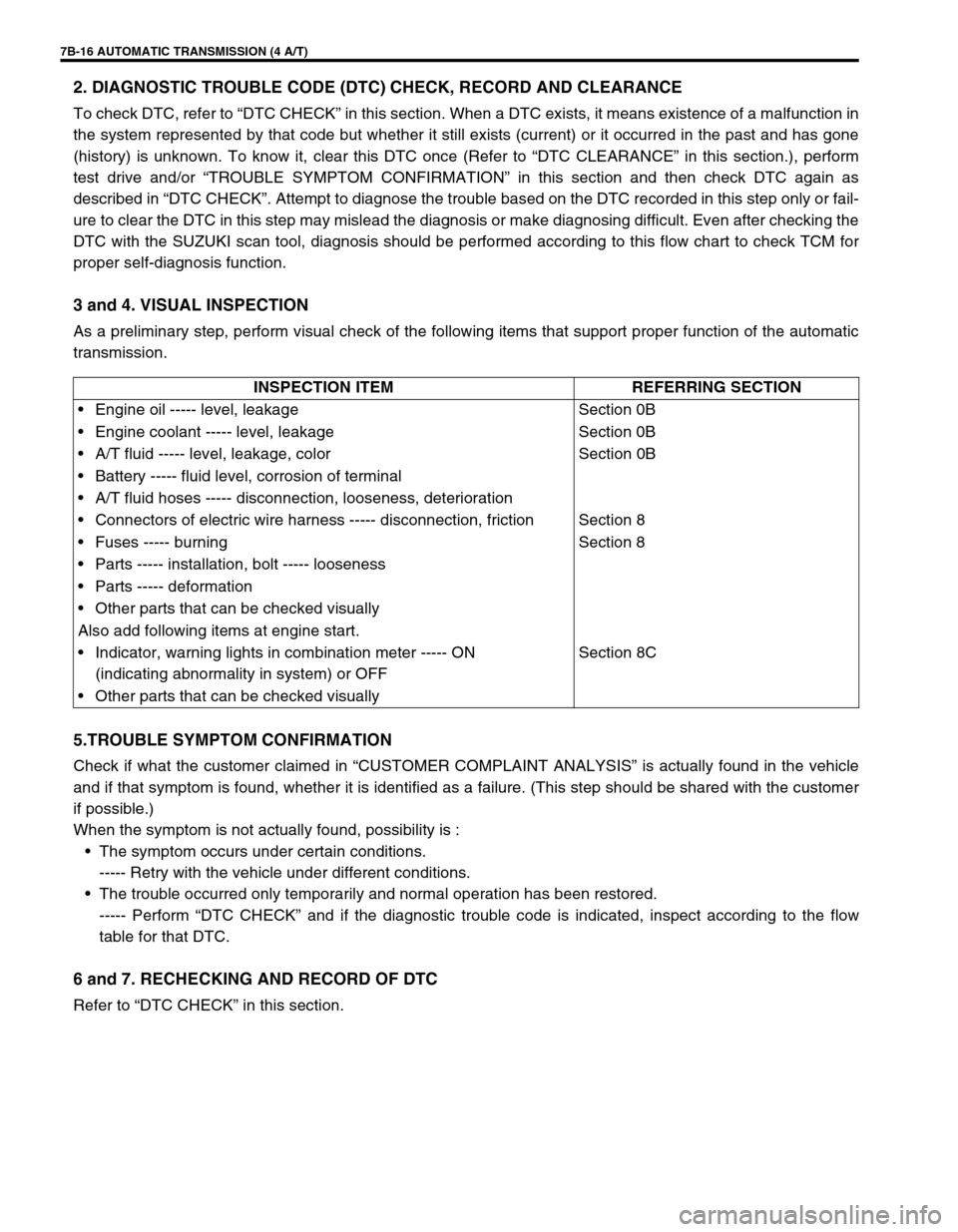 SUZUKI SWIFT 2000 1.G Transmission Service Workshop Manual 7B-16 AUTOMATIC TRANSMISSION (4 A/T)
2. DIAGNOSTIC TROUBLE CODE (DTC) CHECK, RECORD AND CLEARANCE
To check DTC, refer to “DTC CHECK” in this section. When a DTC exists, it means existence of a mal SUZUKI SWIFT 2000 1.G Transmission Service Workshop Manual 7B-16 AUTOMATIC TRANSMISSION (4 A/T)
2. DIAGNOSTIC TROUBLE CODE (DTC) CHECK, RECORD AND CLEARANCE
To check DTC, refer to “DTC CHECK” in this section. When a DTC exists, it means existence of a mal