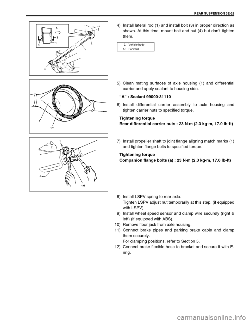 SUZUKI SWIFT 2000 1.G RG413 Service Workshop Manual REAR SUSPENSION 3E-29
4) Install lateral rod (1) and install bolt (3) in proper direction as
shown. At this time, mount bolt and nut (4) but don’t tighten
them.
5) Clean mating surfaces of axle hous