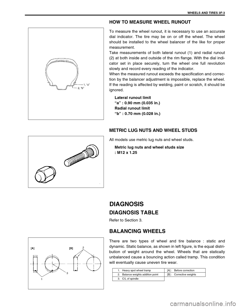 SUZUKI SWIFT 2000 1.G RG413 Service Workshop Manual WHEELS AND TIRES 3F-3
HOW TO MEASURE WHEEL RUNOUT
To measure the wheel runout, it is necessary to use an accurate
dial indicator. The tire may be on or off the wheel. The wheel
should be installed to 