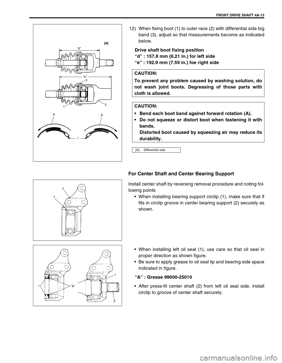 SUZUKI SWIFT 2000 1.G RG413 Service Workshop Manual FRONT DRIVE SHAFT 4A-13
12) When fixing boot (1) to outer race (2) with differential side big
band (3), adjust so that measurements become as indicated
below.
Drive shaft boot fixing position
“d” 
