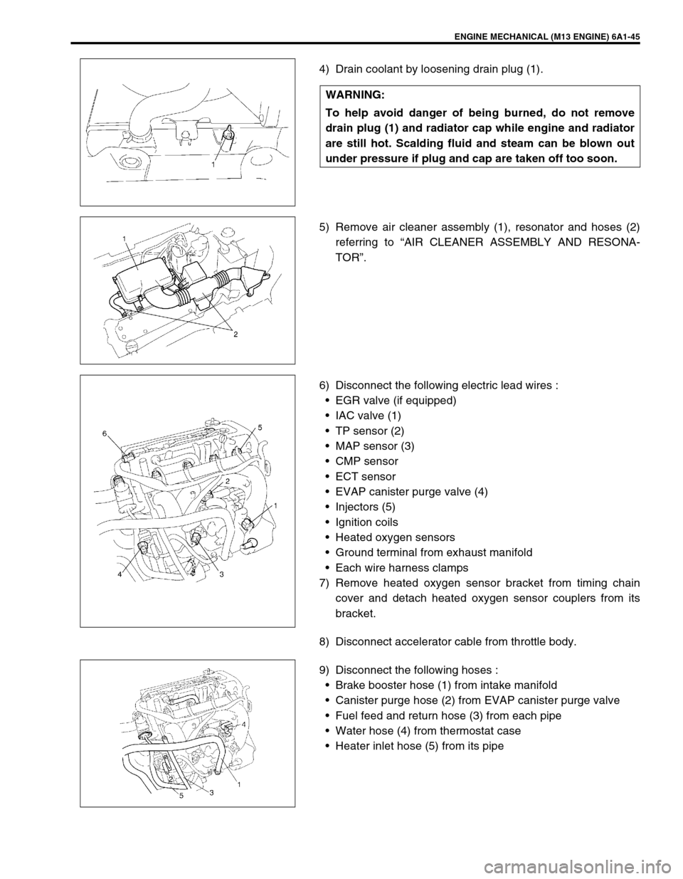 SUZUKI SWIFT 2000 1.G RG413 Service Workshop Manual ENGINE MECHANICAL (M13 ENGINE) 6A1-45
4) Drain coolant by loosening drain plug (1).
5) Remove air cleaner assembly (1), resonator and hoses (2)
referring to “AIR CLEANER ASSEMBLY AND RESONA-
TOR”. SUZUKI SWIFT 2000 1.G RG413 Service Workshop Manual ENGINE MECHANICAL (M13 ENGINE) 6A1-45
4) Drain coolant by loosening drain plug (1).
5) Remove air cleaner assembly (1), resonator and hoses (2)
referring to “AIR CLEANER ASSEMBLY AND RESONA-
TOR”.