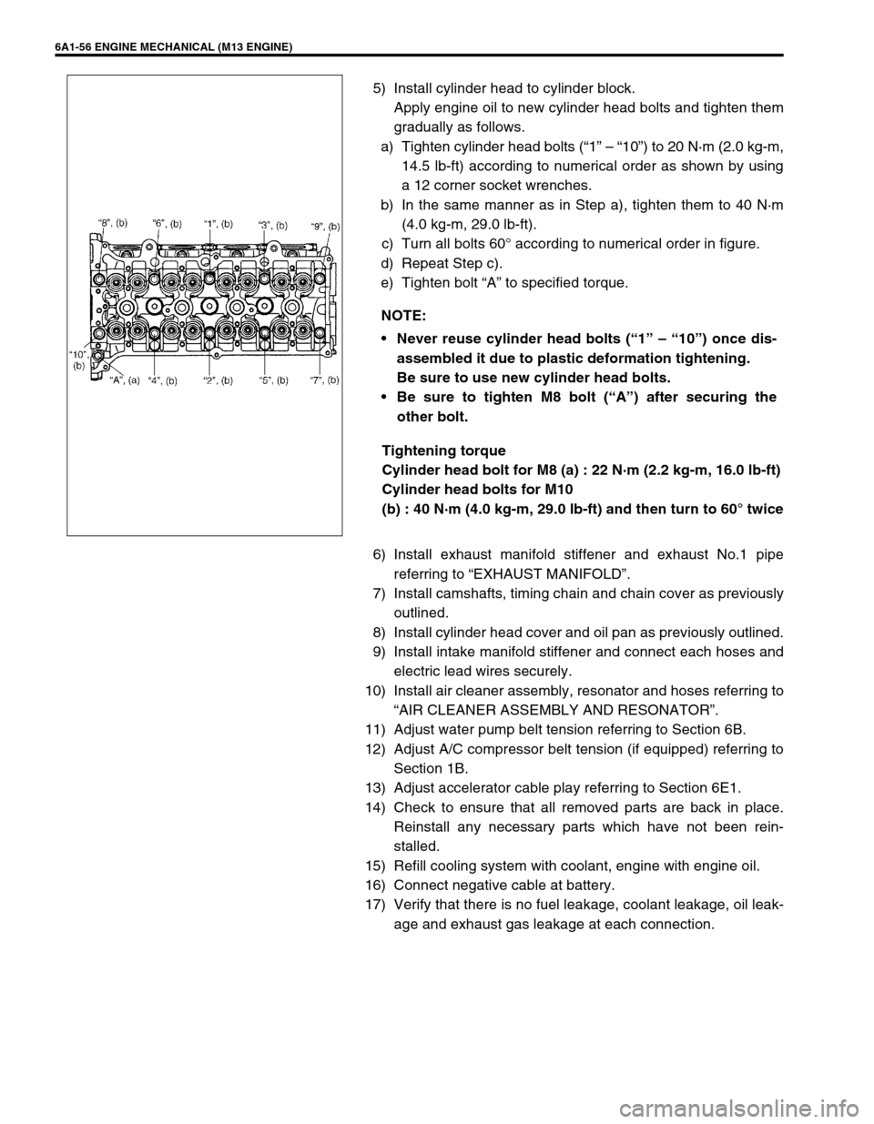 SUZUKI SWIFT 2000 1.G RG413 Service Workshop Manual 6A1-56 ENGINE MECHANICAL (M13 ENGINE)
5) Install cylinder head to cylinder block.
Apply engine oil to new cylinder head bolts and tighten them
gradually as follows.
a) Tighten cylinder head bolts (“ SUZUKI SWIFT 2000 1.G RG413 Service Workshop Manual 6A1-56 ENGINE MECHANICAL (M13 ENGINE)
5) Install cylinder head to cylinder block.
Apply engine oil to new cylinder head bolts and tighten them
gradually as follows.
a) Tighten cylinder head bolts (“
