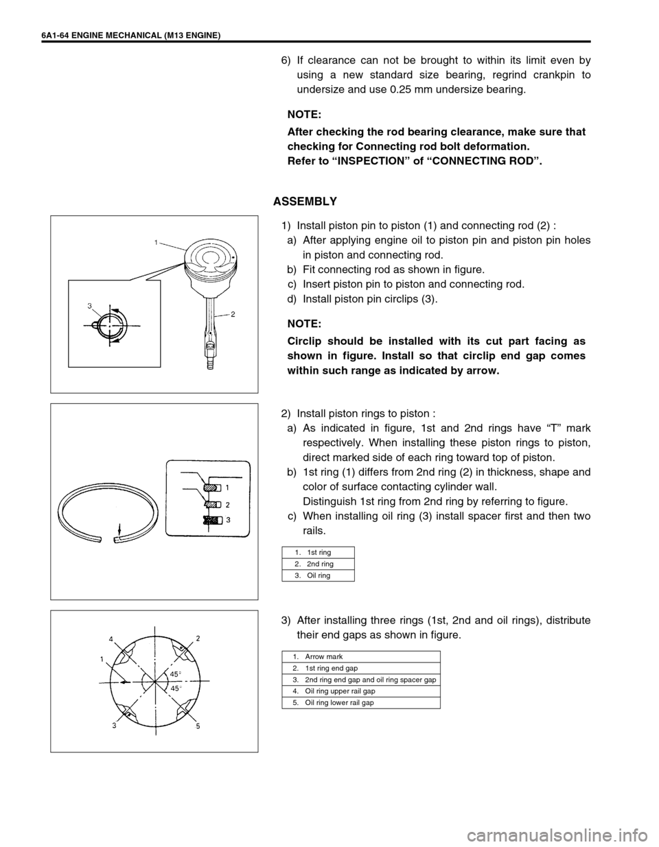 SUZUKI SWIFT 2000 1.G RG413 Service Workshop Manual 6A1-64 ENGINE MECHANICAL (M13 ENGINE)
6) If clearance can not be brought to within its limit even by
using a new standard size bearing, regrind crankpin to
undersize and use 0.25 mm undersize bearing.