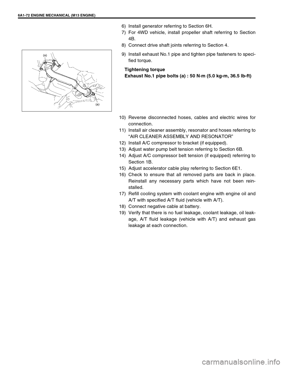 SUZUKI SWIFT 2000 1.G RG413 Service Workshop Manual 6A1-72 ENGINE MECHANICAL (M13 ENGINE)
6) Install generator referring to Section 6H.
7) For 4WD vehicle, install propeller shaft referring to Section
4B.
8) Connect drive shaft joints referring to Sect SUZUKI SWIFT 2000 1.G RG413 Service Workshop Manual 6A1-72 ENGINE MECHANICAL (M13 ENGINE)
6) Install generator referring to Section 6H.
7) For 4WD vehicle, install propeller shaft referring to Section
4B.
8) Connect drive shaft joints referring to Sect