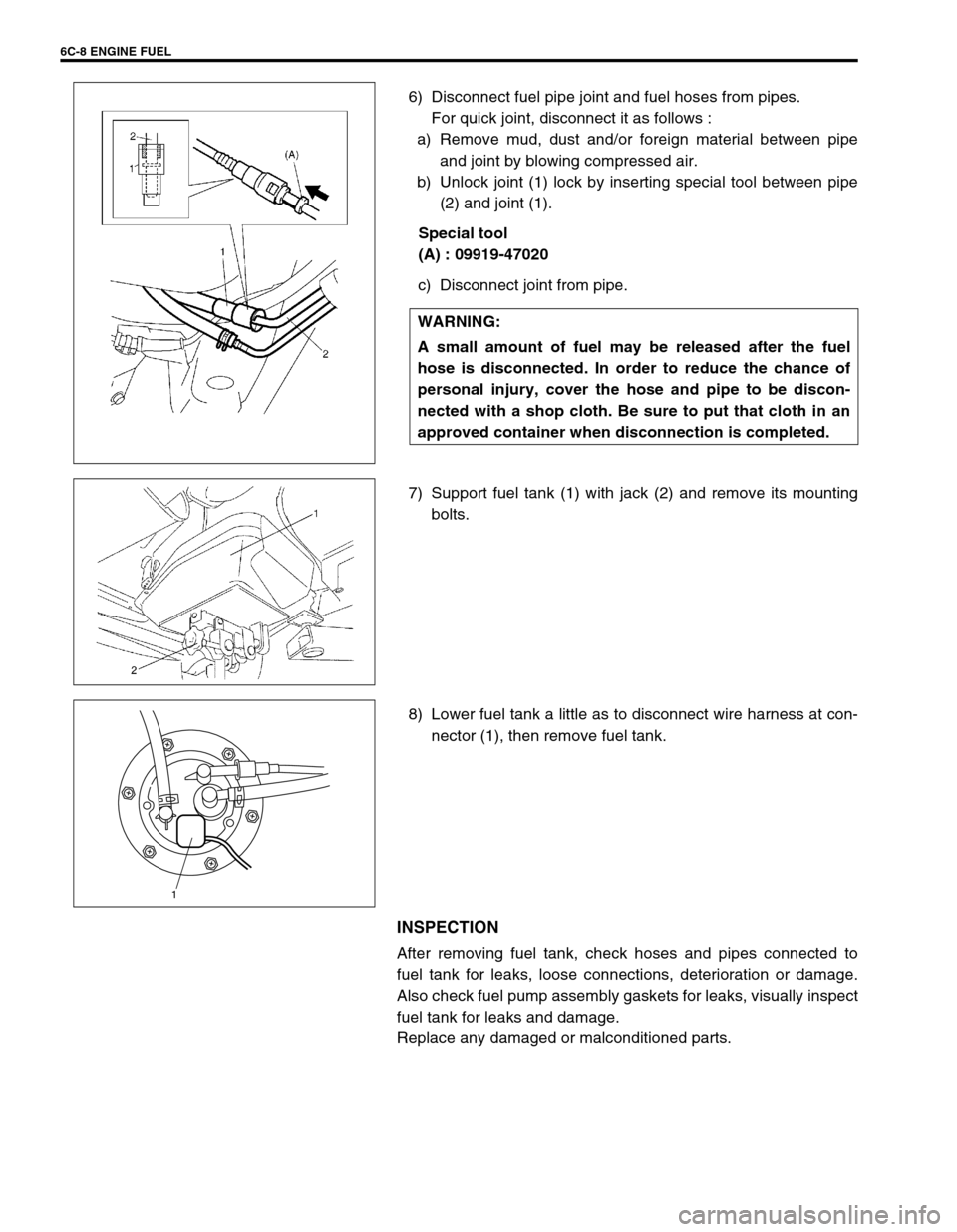 SUZUKI SWIFT 2000 1.G RG413 Service Workshop Manual 6C-8 ENGINE FUEL
6) Disconnect fuel pipe joint and fuel hoses from pipes.
For quick joint, disconnect it as follows :
a) Remove mud, dust and/or foreign material between pipe
and joint by blowing comp