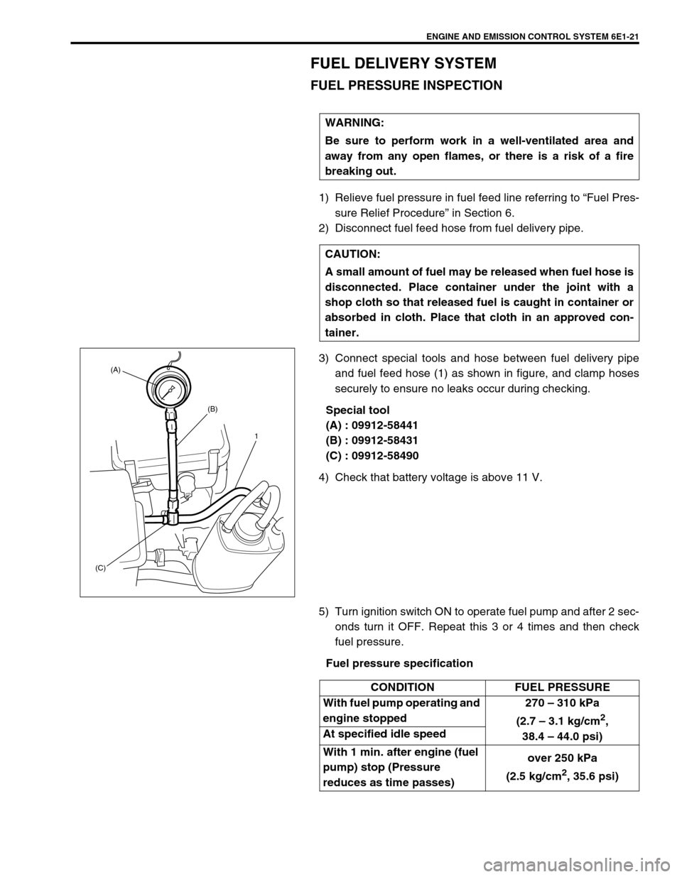 SUZUKI SWIFT 2000 1.G RG413 Service Workshop Manual ENGINE AND EMISSION CONTROL SYSTEM 6E1-21
FUEL DELIVERY SYSTEM
FUEL PRESSURE INSPECTION
1) Relieve fuel pressure in fuel feed line referring to “Fuel Pres-
sure Relief Procedure” in Section 6.
2) 