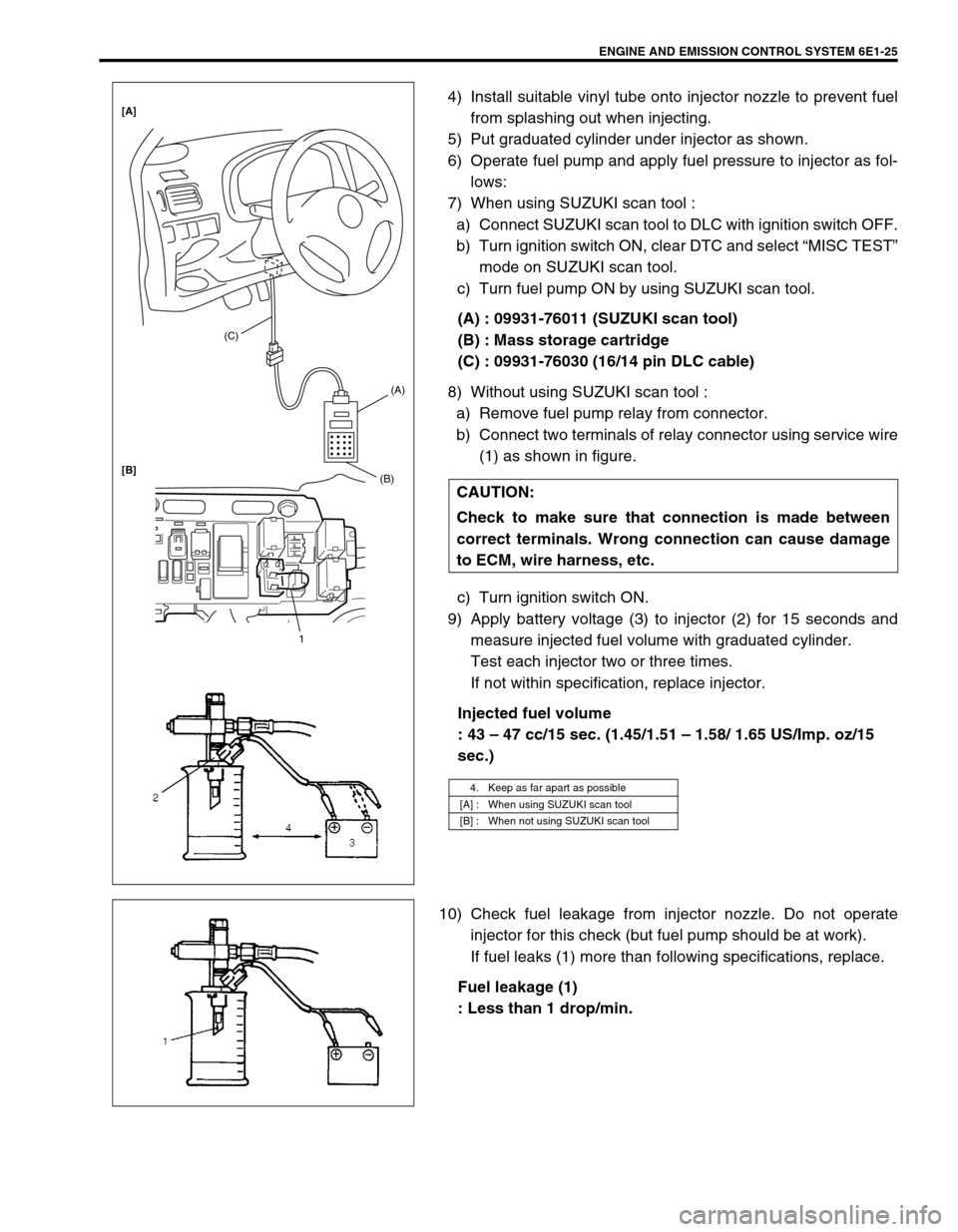 SUZUKI SWIFT 2000 1.G RG413 Service Workshop Manual ENGINE AND EMISSION CONTROL SYSTEM 6E1-25
4) Install suitable vinyl tube onto injector nozzle to prevent fuel
from splashing out when injecting.
5) Put graduated cylinder under injector as shown.
6) O