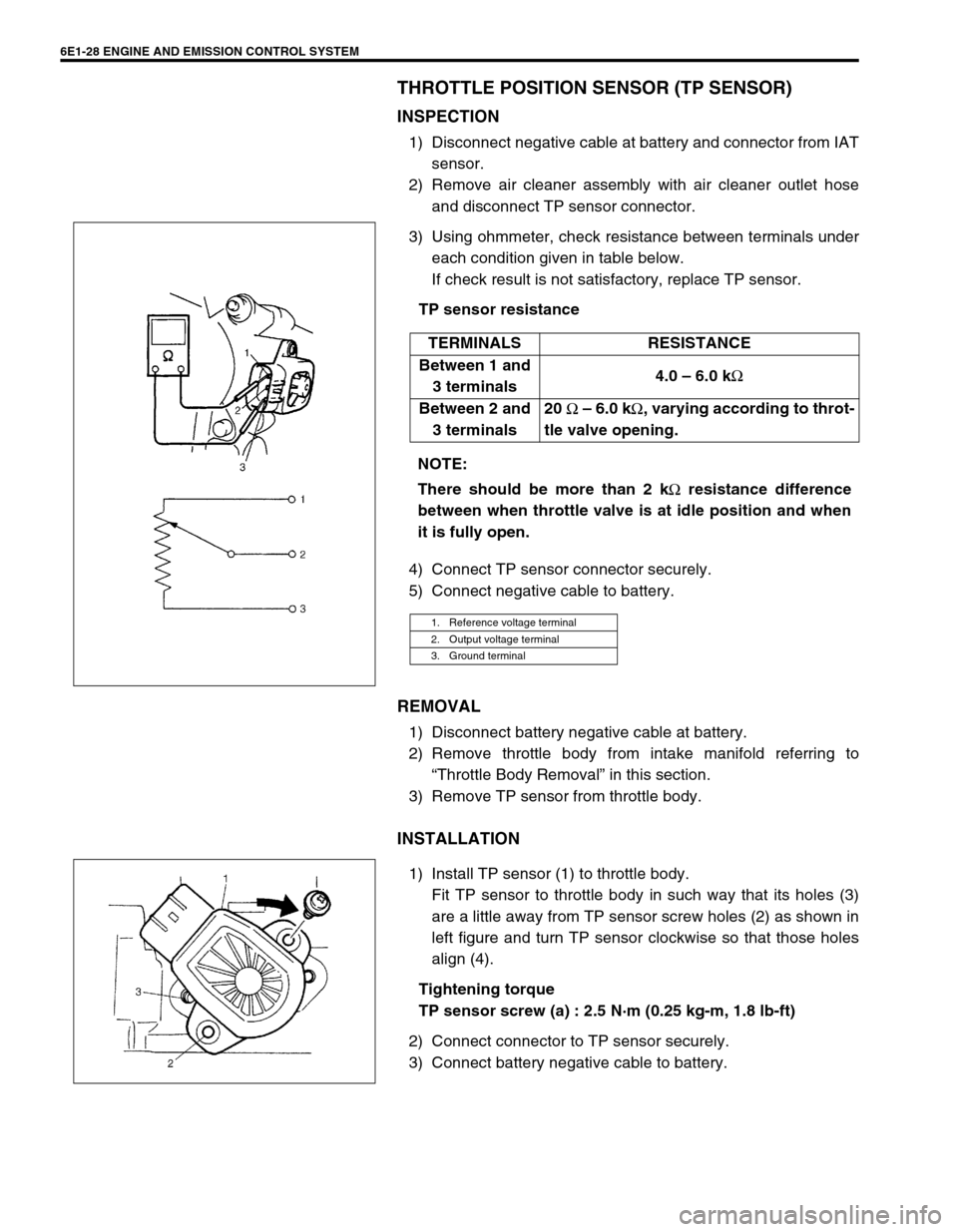SUZUKI SWIFT 2000 1.G RG413 Service Workshop Manual 6E1-28 ENGINE AND EMISSION CONTROL SYSTEM
THROTTLE POSITION SENSOR (TP SENSOR)
INSPECTION
1) Disconnect negative cable at battery and connector from IAT
sensor.
2) Remove air cleaner assembly with air SUZUKI SWIFT 2000 1.G RG413 Service Workshop Manual 6E1-28 ENGINE AND EMISSION CONTROL SYSTEM
THROTTLE POSITION SENSOR (TP SENSOR)
INSPECTION
1) Disconnect negative cable at battery and connector from IAT
sensor.
2) Remove air cleaner assembly with air