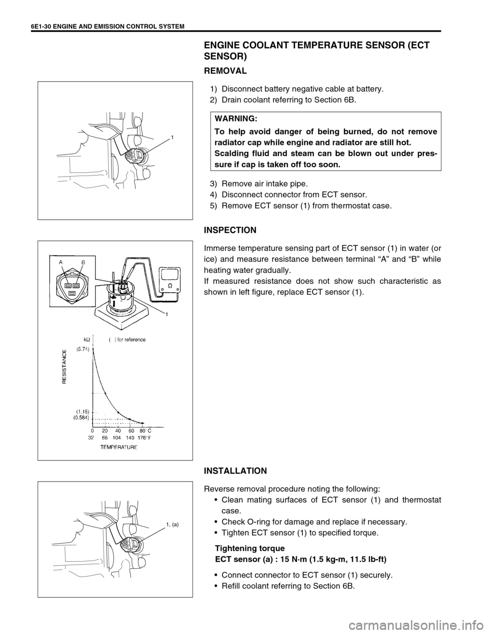 SUZUKI SWIFT 2000 1.G RG413 Service Workshop Manual 6E1-30 ENGINE AND EMISSION CONTROL SYSTEM
ENGINE COOLANT TEMPERATURE SENSOR (ECT 
SENSOR)
REMOVAL
1) Disconnect battery negative cable at battery.
2) Drain coolant referring to Section 6B.
3) Remove a