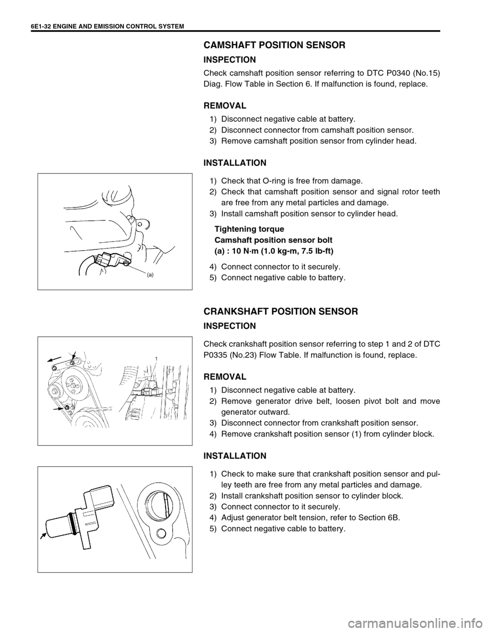 SUZUKI SWIFT 2000 1.G RG413 Service Workshop Manual 6E1-32 ENGINE AND EMISSION CONTROL SYSTEM
CAMSHAFT POSITION SENSOR
INSPECTION
Check camshaft position sensor referring to DTC P0340 (No.15)
Diag. Flow Table in Section 6. If malfunction is found, repl SUZUKI SWIFT 2000 1.G RG413 Service Workshop Manual 6E1-32 ENGINE AND EMISSION CONTROL SYSTEM
CAMSHAFT POSITION SENSOR
INSPECTION
Check camshaft position sensor referring to DTC P0340 (No.15)
Diag. Flow Table in Section 6. If malfunction is found, repl