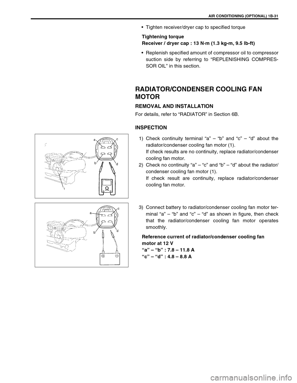 SUZUKI SWIFT 2000 1.G RG413 Service Workshop Manual AIR CONDITIONING (OPTIONAL) 1B-31
Tighten receiver/dryer cap to specified torque
Tightening torque
Receiver / dryer cap : 13 N·m (1.3 kg-m, 9.5 lb-ft)
Replenish specified amount of compressor oil t