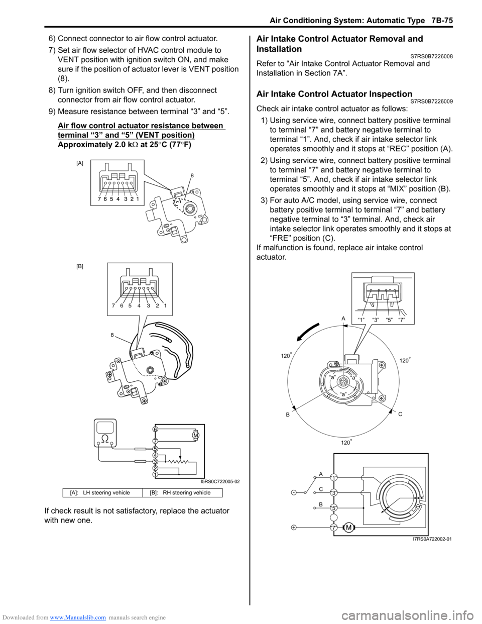 SUZUKI SWIFT 2007 2.G Service Workshop Manual Downloaded from www.Manualslib.com manuals search engine Air Conditioning System: Automatic Type 7B-75
6) Connect connector to air flow control actuator.
7) Set air flow selector of HVAC control modul