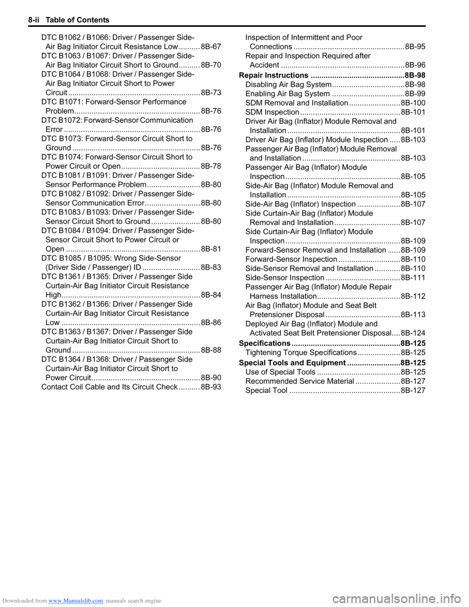 SUZUKI SWIFT 2004 2.G Service Workshop Manual Downloaded from www.Manualslib.com manuals search engine 8-ii Table of Contents
DTC B1062 / B1066: Driver / Passenger Side-Air Bag Initiator Circuit Resistance Low .......... 8B-67
DTC B1063 / B1067: SUZUKI SWIFT 2004 2.G Service Workshop Manual Downloaded from www.Manualslib.com manuals search engine 8-ii Table of Contents
DTC B1062 / B1066: Driver / Passenger Side-Air Bag Initiator Circuit Resistance Low .......... 8B-67
DTC B1063 / B1067: