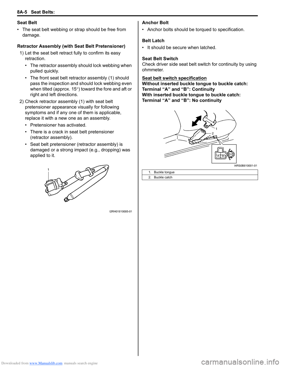 SUZUKI SWIFT 2007 2.G Service Workshop Manual Downloaded from www.Manualslib.com manuals search engine 8A-5 Seat Belts: 
Seat Belt
• The seat belt webbing or strap should be free from damage.
Retractor Assembly (with Seat Belt Pretensioner) 1) 