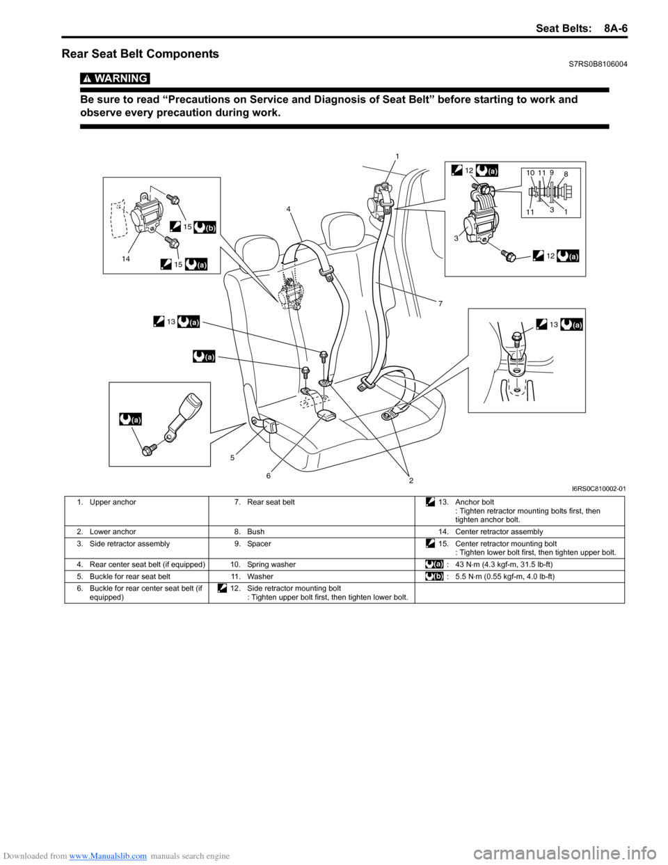 SUZUKI SWIFT 2007 2.G Service Workshop Manual Downloaded from www.Manualslib.com manuals search engine Seat Belts:  8A-6
Rear Seat Belt ComponentsS7RS0B8106004
WARNING! 
Be sure to read “Precautions on Service and Diagnosis of Seat Belt” befo