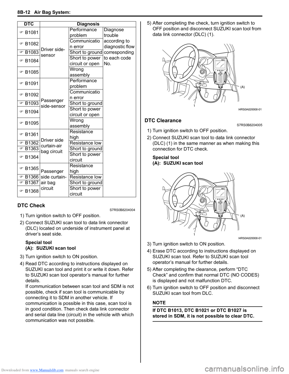 SUZUKI SWIFT 2004 2.G Service Workshop Manual Downloaded from www.Manualslib.com manuals search engine 8B-12 Air Bag System:
DTC CheckS7RS0B8204004
1) Turn ignition switch to OFF position.
2) Connect SUZUKI scan tool to data link connector (DLC) SUZUKI SWIFT 2004 2.G Service Workshop Manual Downloaded from www.Manualslib.com manuals search engine 8B-12 Air Bag System:
DTC CheckS7RS0B8204004
1) Turn ignition switch to OFF position.
2) Connect SUZUKI scan tool to data link connector (DLC)