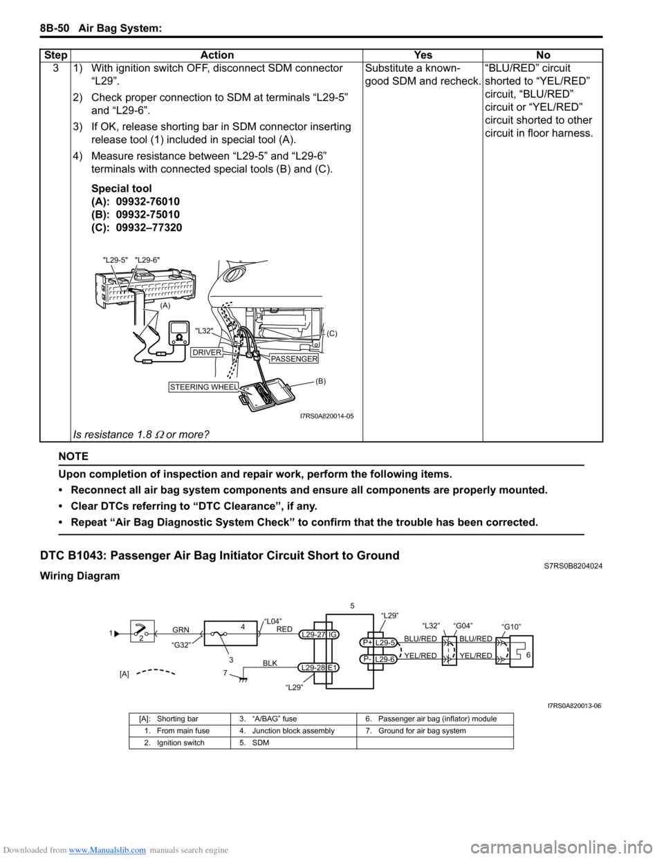 SUZUKI SWIFT 2007 2.G Service Workshop Manual Downloaded from www.Manualslib.com manuals search engine 8B-50 Air Bag System: 
NOTE
Upon completion of inspection and repair work, perform the following items.
• Reconnect all air bag system compon