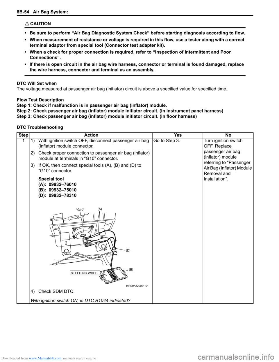 SUZUKI SWIFT 2008 2.G Service Workshop Manual Downloaded from www.Manualslib.com manuals search engine 8B-54 Air Bag System: 
CAUTION! 
• Be sure to perform “Air Bag Diagnostic System Check” before starting diagnosis according to flow.
• 