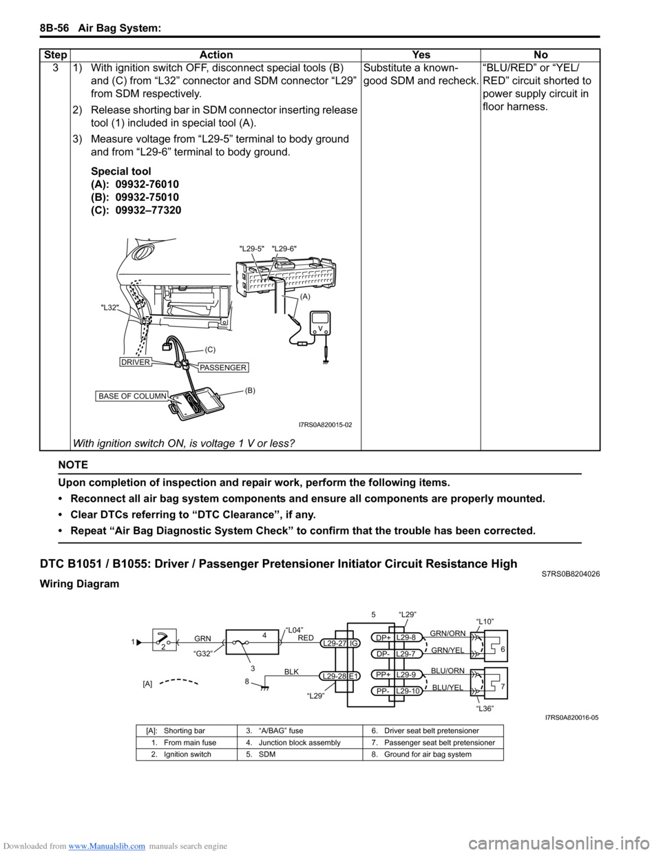 SUZUKI SWIFT 2008 2.G Service Workshop Manual Downloaded from www.Manualslib.com manuals search engine 8B-56 Air Bag System: 
NOTE
Upon completion of inspection and repair work, perform the following items.
• Reconnect all air bag system compon