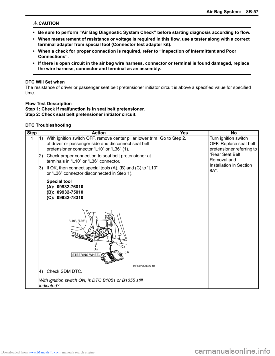 SUZUKI SWIFT 2004 2.G Service Workshop Manual Downloaded from www.Manualslib.com manuals search engine Air Bag System: 8B-57
CAUTION!
• Be sure to perform “Air Bag Diagnostic System Check” before starting diagnosis according to flow.
• SUZUKI SWIFT 2004 2.G Service Workshop Manual Downloaded from www.Manualslib.com manuals search engine Air Bag System: 8B-57
CAUTION!
• Be sure to perform “Air Bag Diagnostic System Check” before starting diagnosis according to flow.
•