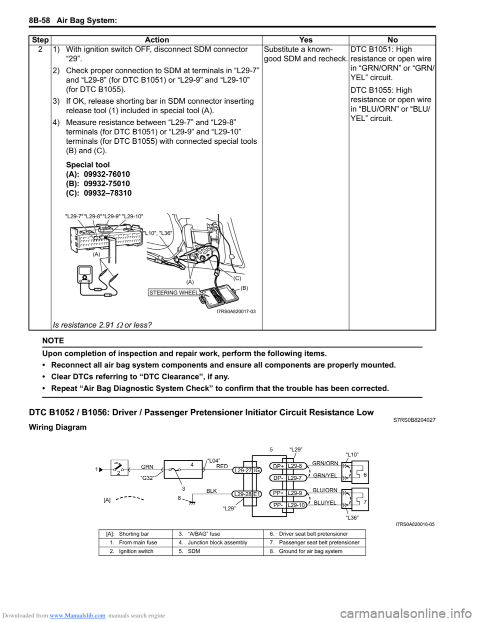 SUZUKI SWIFT 2008 2.G Service Workshop Manual Downloaded from www.Manualslib.com manuals search engine 8B-58 Air Bag System: 
NOTE
Upon completion of inspection and repair work, perform the following items.
• Reconnect all air bag system compon