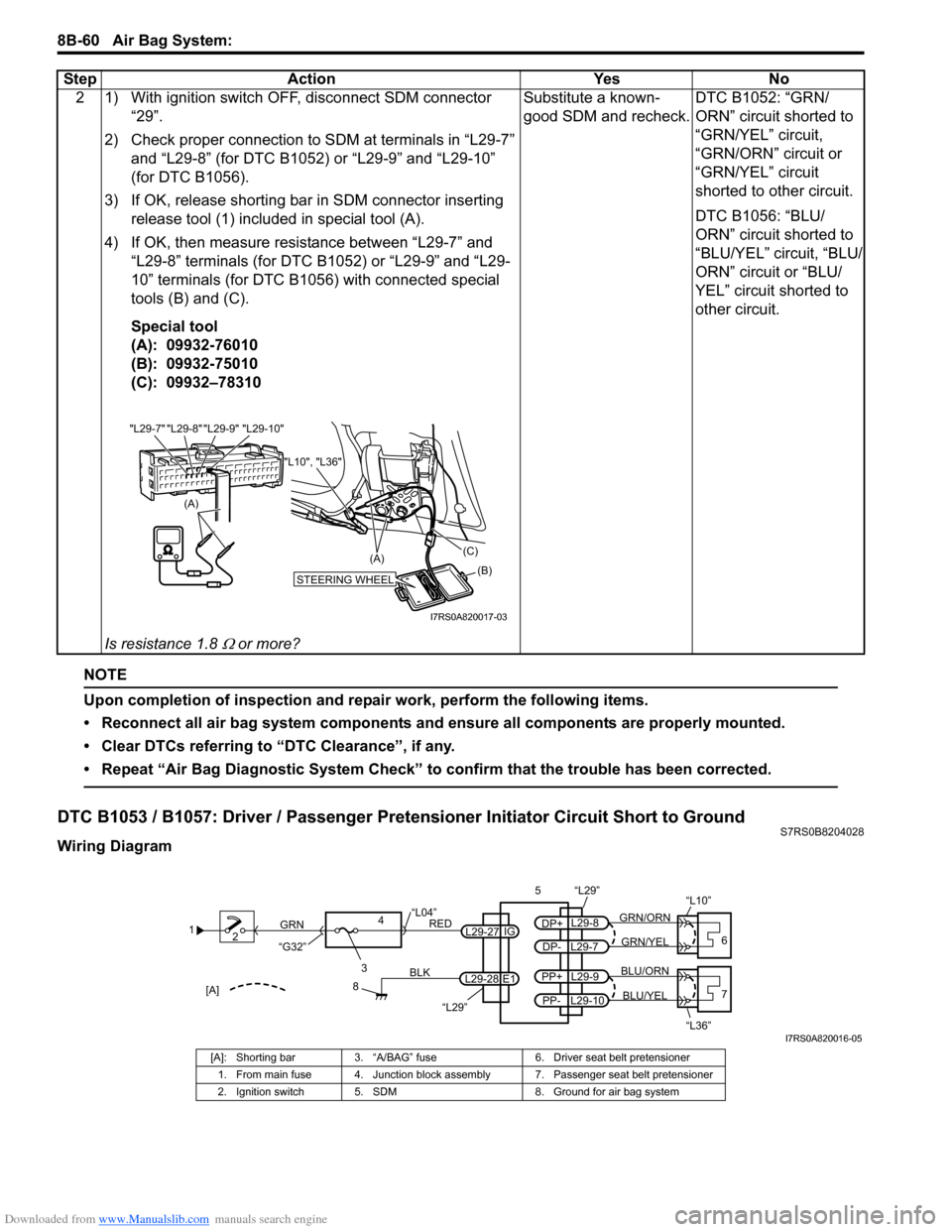 SUZUKI SWIFT 2007 2.G Service Workshop Manual Downloaded from www.Manualslib.com manuals search engine 8B-60 Air Bag System: 
NOTE
Upon completion of inspection and repair work, perform the following items.
• Reconnect all air bag system compon