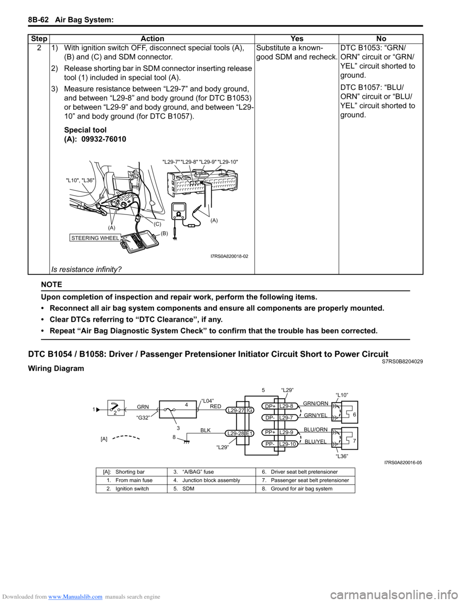 SUZUKI SWIFT 2004 2.G Service Workshop Manual Downloaded from www.Manualslib.com manuals search engine 8B-62 Air Bag System:
NOTE
Upon completion of inspection and repair work, perform the following items.
• Reconnect all air bag system compon SUZUKI SWIFT 2004 2.G Service Workshop Manual Downloaded from www.Manualslib.com manuals search engine 8B-62 Air Bag System:
NOTE
Upon completion of inspection and repair work, perform the following items.
• Reconnect all air bag system compon