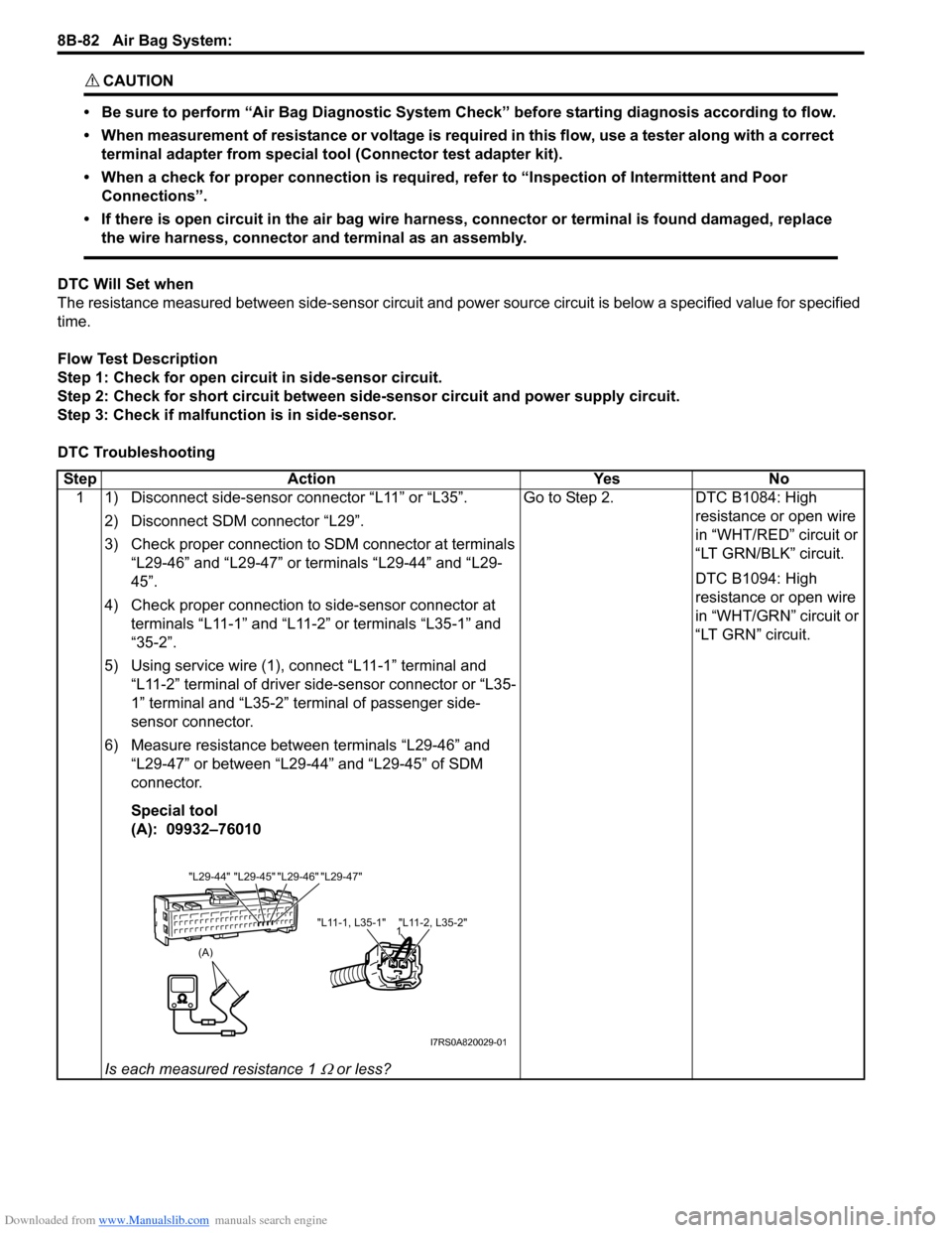 SUZUKI SWIFT 2007 2.G Service Workshop Manual Downloaded from www.Manualslib.com manuals search engine 8B-82 Air Bag System: 
CAUTION! 
• Be sure to perform “Air Bag Diagnostic System Check” before starting diagnosis according to flow.
• 