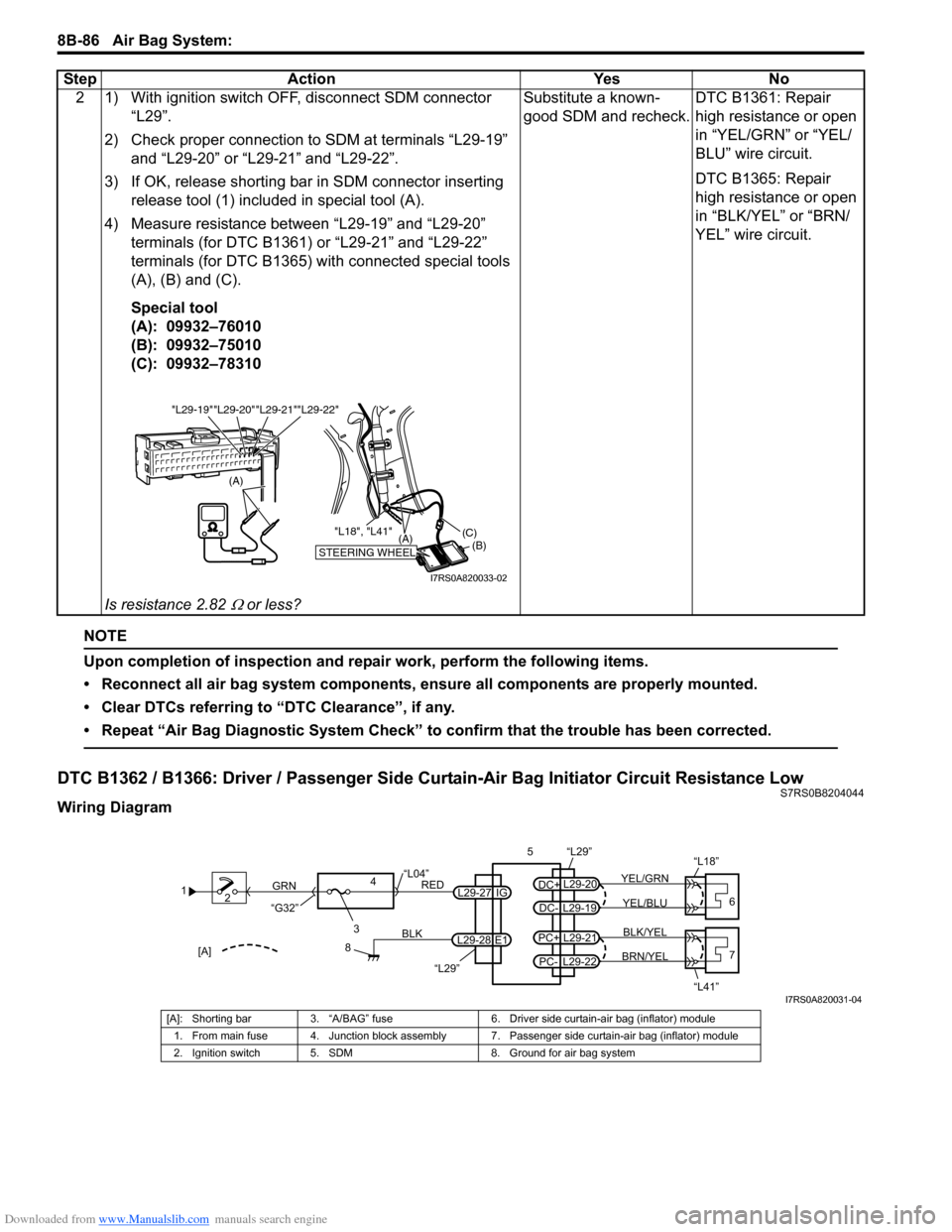 SUZUKI SWIFT 2004 2.G Service Workshop Manual Downloaded from www.Manualslib.com manuals search engine 8B-86 Air Bag System:
NOTE
Upon completion of inspection and repair work, perform the following items.
• Reconnect all air bag system compon SUZUKI SWIFT 2004 2.G Service Workshop Manual Downloaded from www.Manualslib.com manuals search engine 8B-86 Air Bag System:
NOTE
Upon completion of inspection and repair work, perform the following items.
• Reconnect all air bag system compon
