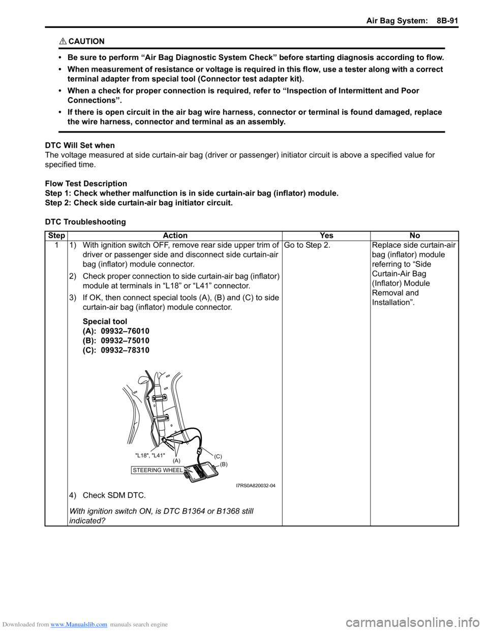 SUZUKI SWIFT 2004 2.G Service Workshop Manual Downloaded from www.Manualslib.com manuals search engine Air Bag System: 8B-91
CAUTION!
• Be sure to perform “Air Bag Diagnostic System Check” before starting diagnosis according to flow.
• SUZUKI SWIFT 2004 2.G Service Workshop Manual Downloaded from www.Manualslib.com manuals search engine Air Bag System: 8B-91
CAUTION!
• Be sure to perform “Air Bag Diagnostic System Check” before starting diagnosis according to flow.
•