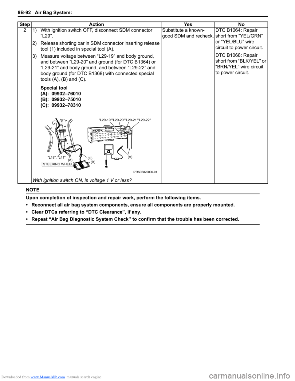 SUZUKI SWIFT 2004 2.G Service Workshop Manual Downloaded from www.Manualslib.com manuals search engine 8B-92 Air Bag System:
NOTE
Upon completion of inspection and repair work, perform the following items.
• Reconnect all air bag system compon SUZUKI SWIFT 2004 2.G Service Workshop Manual Downloaded from www.Manualslib.com manuals search engine 8B-92 Air Bag System:
NOTE
Upon completion of inspection and repair work, perform the following items.
• Reconnect all air bag system compon