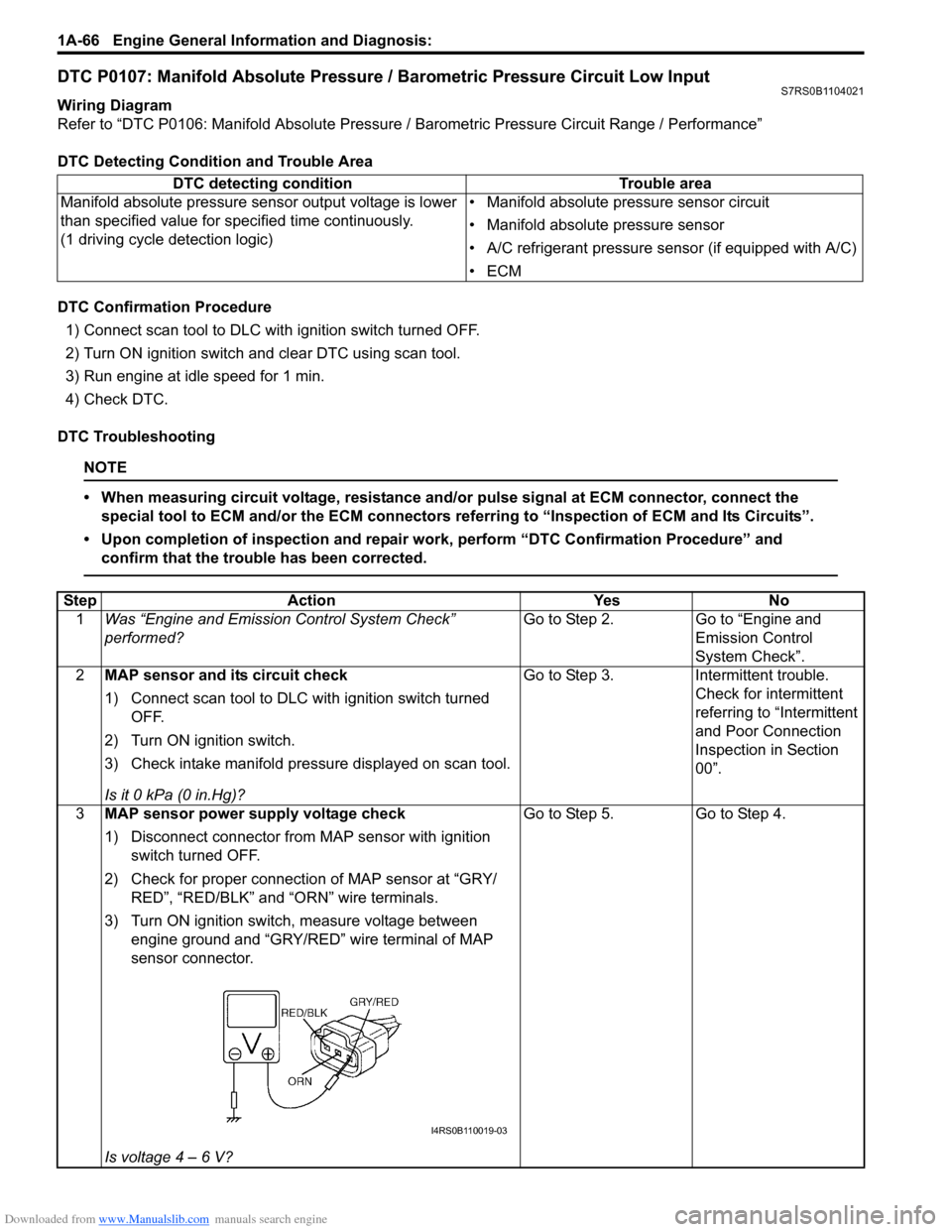 SUZUKI SWIFT 2007 2.G Service Workshop Manual Downloaded from www.Manualslib.com manuals search engine 1A-66 Engine General Information and Diagnosis: 
DTC P0107: Manifold Absolute Pressure / Barometric Pressure Circuit Low InputS7RS0B1104021
Wir