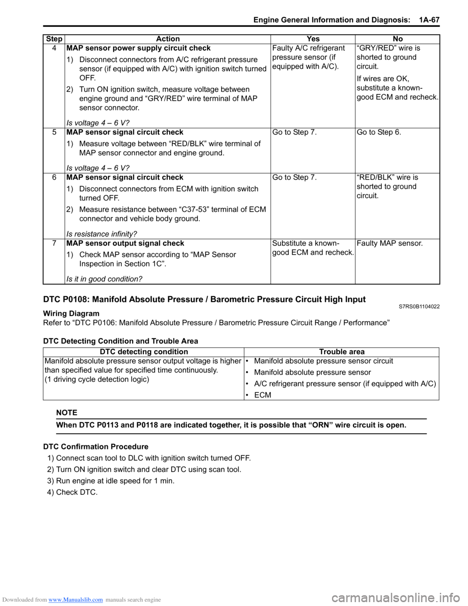 SUZUKI SWIFT 2007 2.G Service Workshop Manual Downloaded from www.Manualslib.com manuals search engine Engine General Information and Diagnosis:  1A-67
DTC P0108: Manifold Absolute Pressure / Barometric Pressure Circuit High InputS7RS0B1104022
Wi