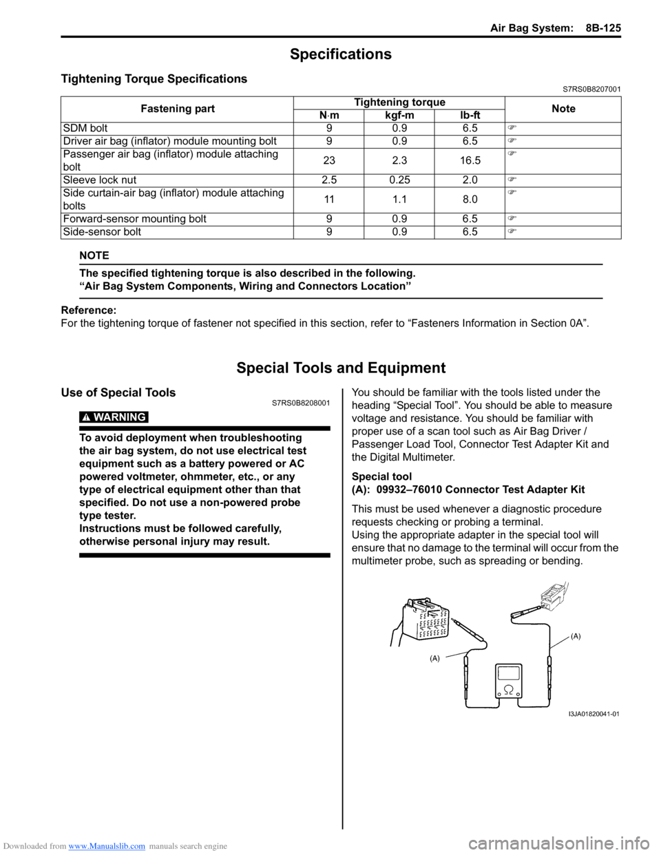 SUZUKI SWIFT 2004 2.G Service Workshop Manual Downloaded from www.Manualslib.com manuals search engine Air Bag System: 8B-125
Specifications
Tightening Torque SpecificationsS7RS0B8207001
NOTE
The specified tightening torque is also described in SUZUKI SWIFT 2004 2.G Service Workshop Manual Downloaded from www.Manualslib.com manuals search engine Air Bag System: 8B-125
Specifications
Tightening Torque SpecificationsS7RS0B8207001
NOTE
The specified tightening torque is also described in
