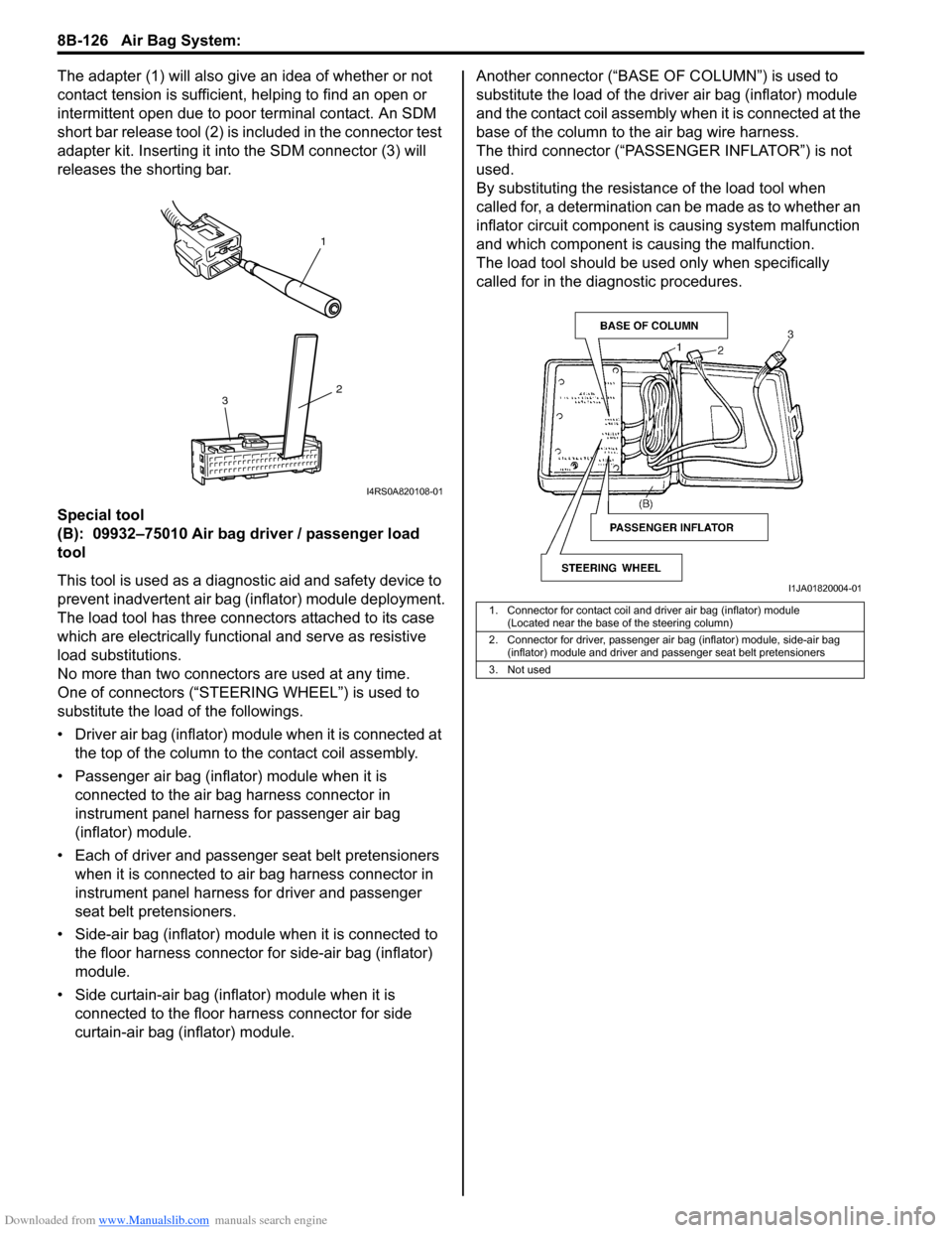 SUZUKI SWIFT 2008 2.G Service Workshop Manual Downloaded from www.Manualslib.com manuals search engine 8B-126 Air Bag System: 
The adapter (1) will also give an idea of whether or not 
contact tension is sufficient, helping to find an open or 
in