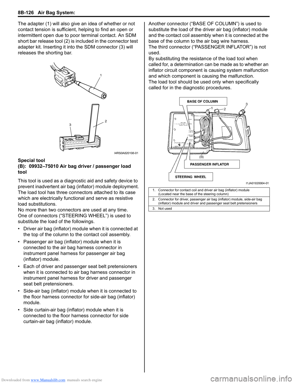 SUZUKI SWIFT 2004 2.G Service Workshop Manual Downloaded from www.Manualslib.com manuals search engine 8B-126 Air Bag System:
The adapter (1) will also give an idea of whether or not
contact tension is sufficient, helping to find an open or
in SUZUKI SWIFT 2004 2.G Service Workshop Manual Downloaded from www.Manualslib.com manuals search engine 8B-126 Air Bag System:
The adapter (1) will also give an idea of whether or not
contact tension is sufficient, helping to find an open or
in