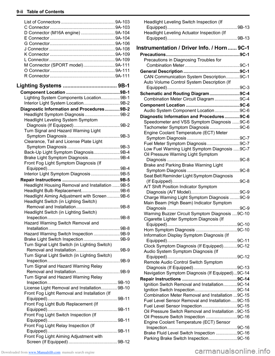 SUZUKI SWIFT 2008 2.G Service Workshop Manual Downloaded from www.Manualslib.com manuals search engine 9-ii Table of Contents
List of Connectors ........................................... 9A-103
C Connector ......................................