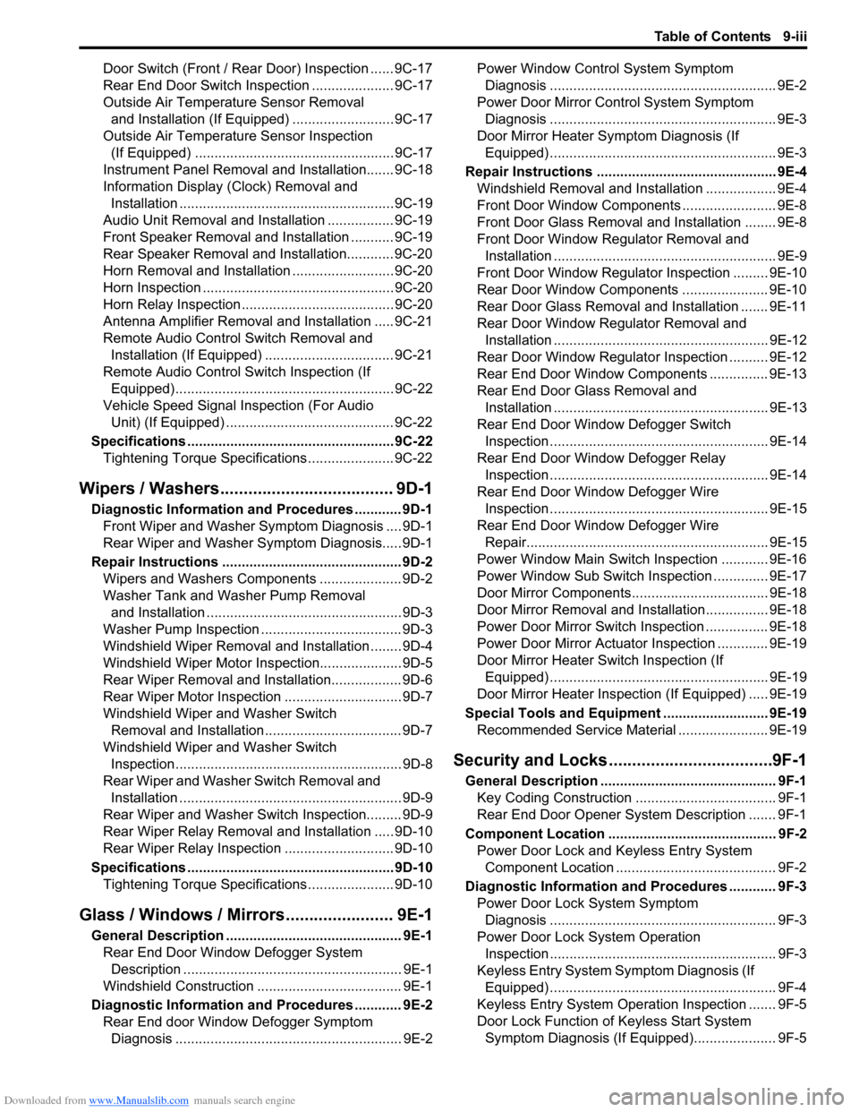 SUZUKI SWIFT 2004 2.G Service Workshop Manual Downloaded from www.Manualslib.com manuals search engine Table of Contents 9-iii
Door Switch (Front / Rear Door) Inspection ...... 9C-17
Rear End Door Switch Inspection ..................... 9C-17
Out SUZUKI SWIFT 2004 2.G Service Workshop Manual Downloaded from www.Manualslib.com manuals search engine Table of Contents 9-iii
Door Switch (Front / Rear Door) Inspection ...... 9C-17
Rear End Door Switch Inspection ..................... 9C-17
Out