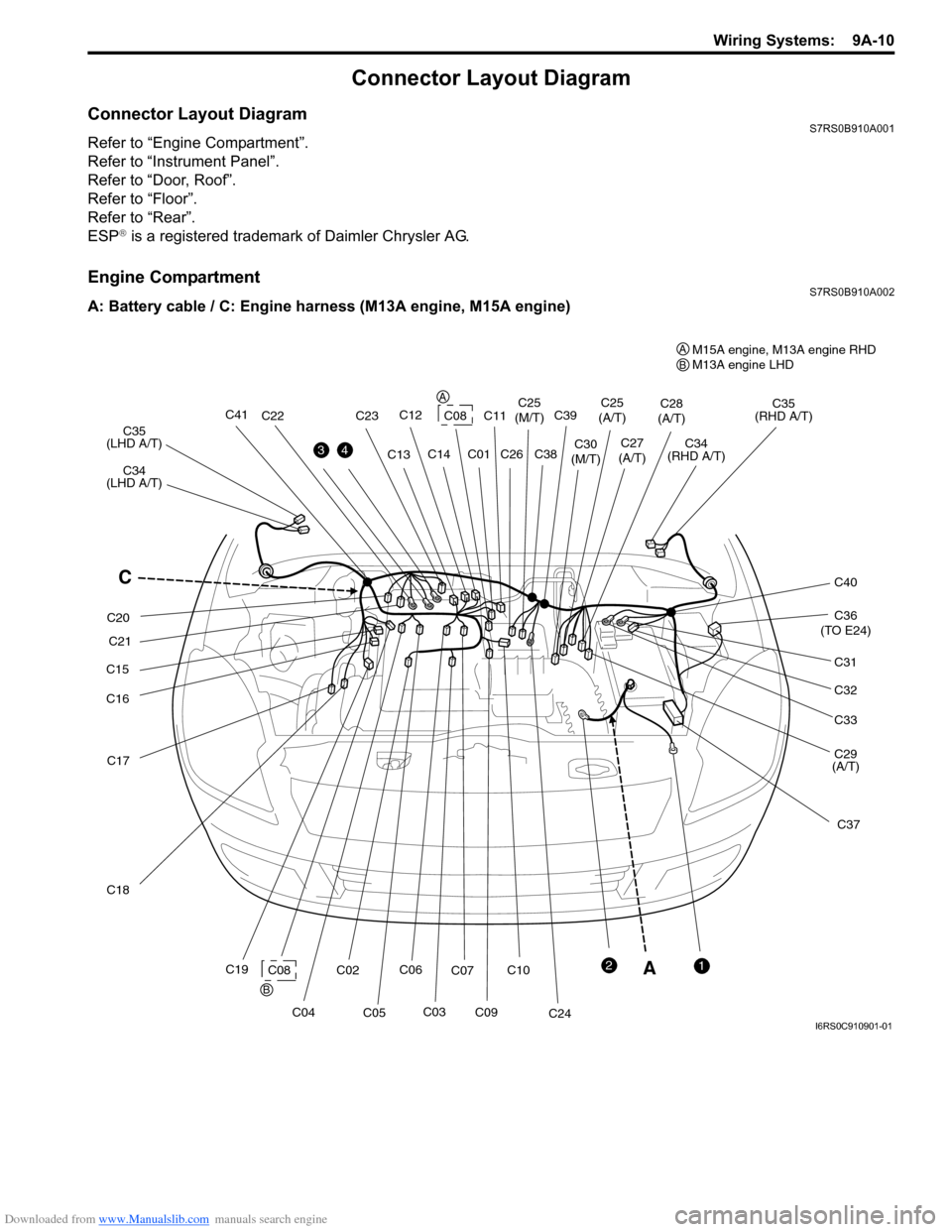SUZUKI SWIFT 2006 2.G Service Workshop Manual Downloaded from www.Manualslib.com manuals search engine Wiring Systems:  9A-10
Connector Layout Diagram
Connector Layout DiagramS7RS0B910A001
Refer to “Engine Compartment”.
Refer to “Instrument