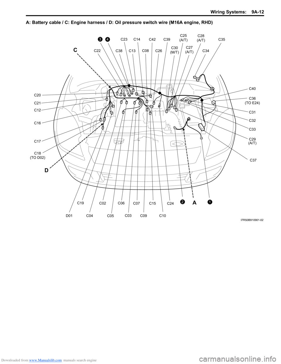 SUZUKI SWIFT 2008 2.G Service Workshop Manual Downloaded from www.Manualslib.com manuals search engine Wiring Systems:  9A-12
A: Battery cable / C: Engine harness / D: Oil pressure switch wire (M16A engine, RHD)
C36 
(TO E24)
C35
C34
C37
34
C31
C