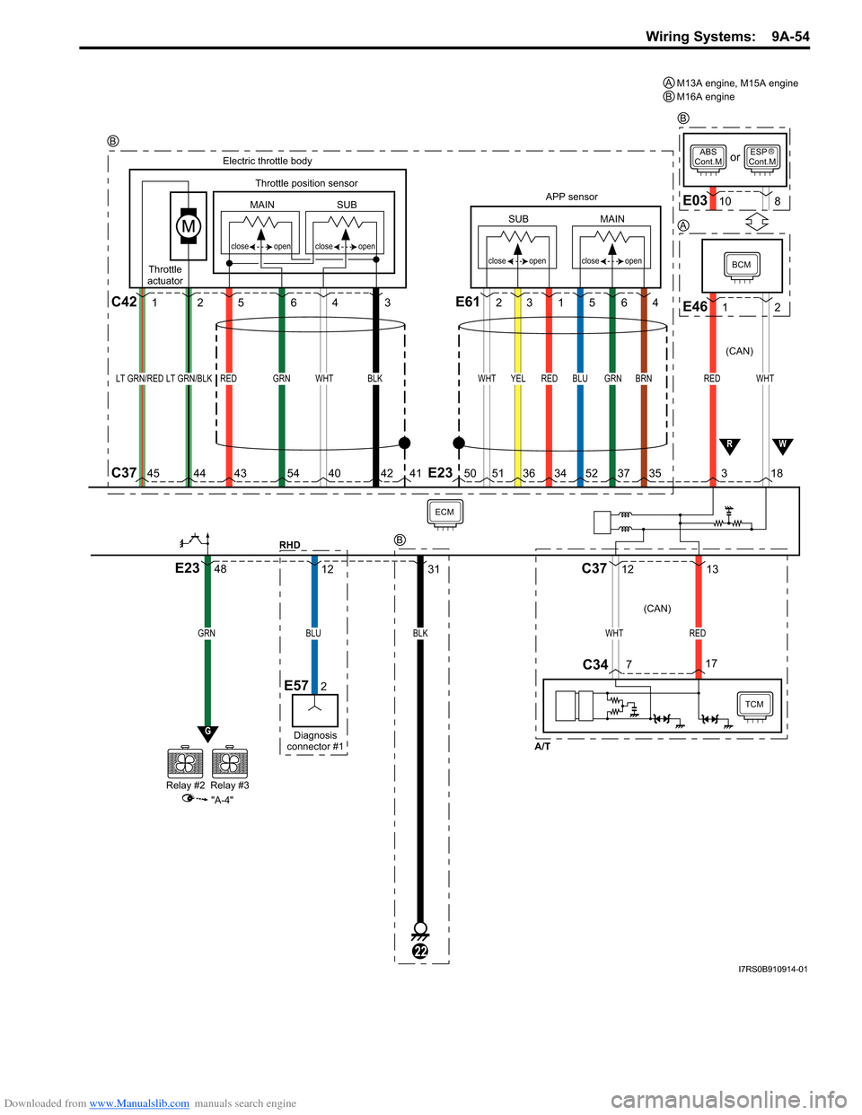 SUZUKI SWIFT 2005 2.G Service Workshop Manual Downloaded from www.Manualslib.com manuals search engine Wiring Systems:  9A-54
BLU
12
Diagnosis
connector #1
E572
ECM
GRN
Relay #2Relay #3
G
"A-4"
E2348
RHD
WHT
BCM
APP sensor
Electric throttle body
