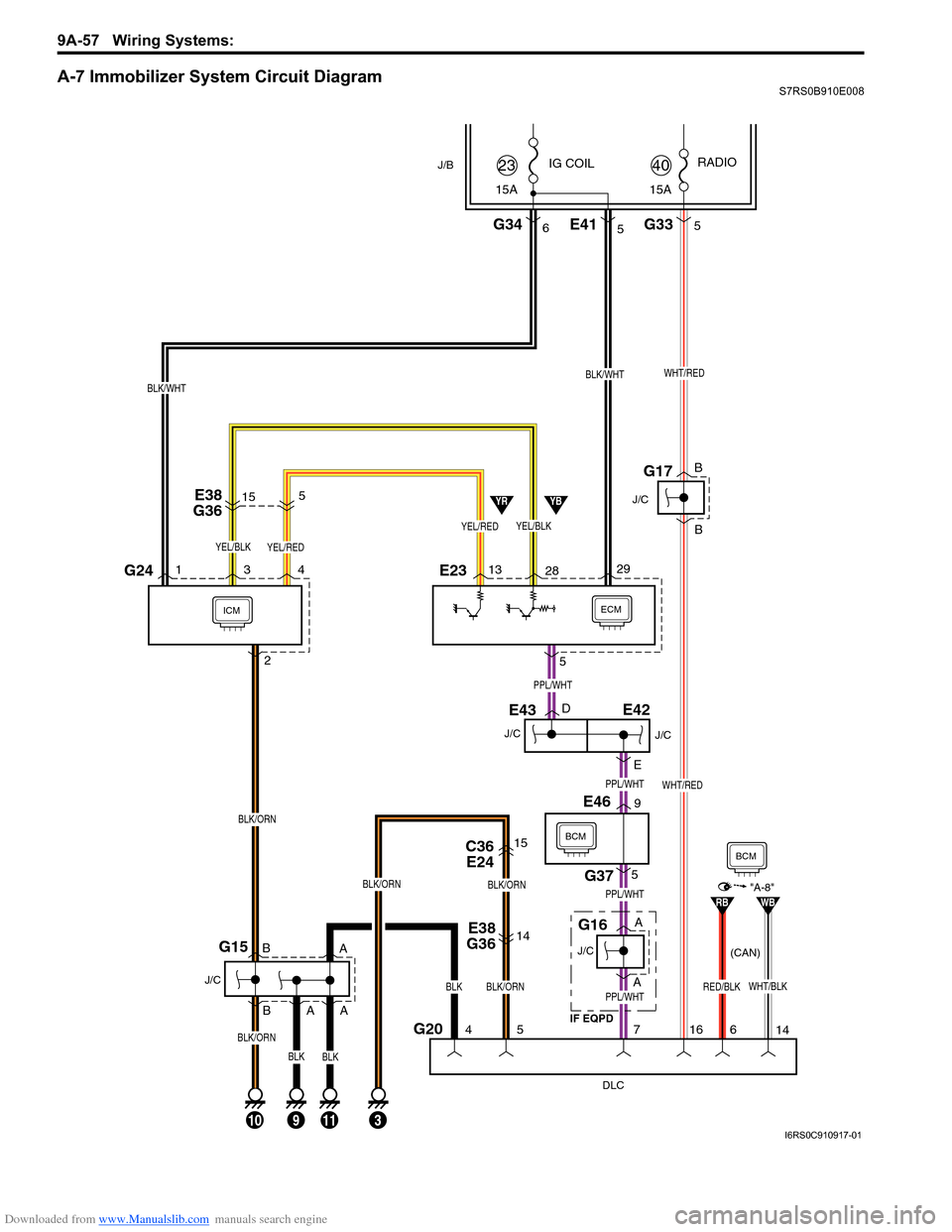 SUZUKI SWIFT 2005 2.G Service Workshop Manual Downloaded from www.Manualslib.com manuals search engine 9A-57 Wiring Systems: 
A-7 Immobilizer System Circuit DiagramS7RS0B910E008
ECMICM
DLC
G204
10
J/C
G15
5
5
7
113
IG COIL
G346
J/B
29
15A
23
BLK/
