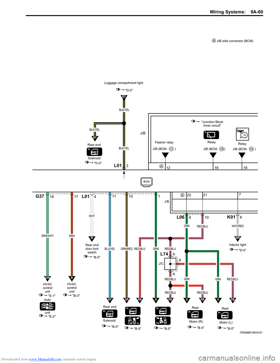 SUZUKI SWIFT 2008 2.G Service Workshop Manual Downloaded from www.Manualslib.com manuals search engine Wiring Systems:  9A-60
1817
GRN/WHTBRN
"E-1"
"E-2"
HVAC
control unit
Auto
unit
G37
Flasher relay Relay
Relay
H
12
"Junction Block
Inner circuit
