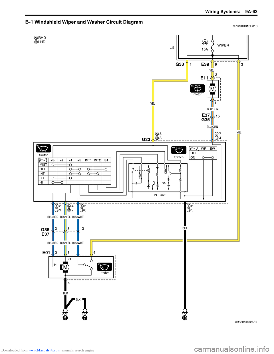 SUZUKI SWIFT 2007 2.G Service Workshop Manual Downloaded from www.Manualslib.com manuals search engine Wiring Systems:  9A-62
B-1 Windshield Wiper and Washer Circuit DiagramS7RS0B910E010
J/B
LO
HI
E013
46
BLK
E393
9
G23
8
Switch motor
motor
1
13
