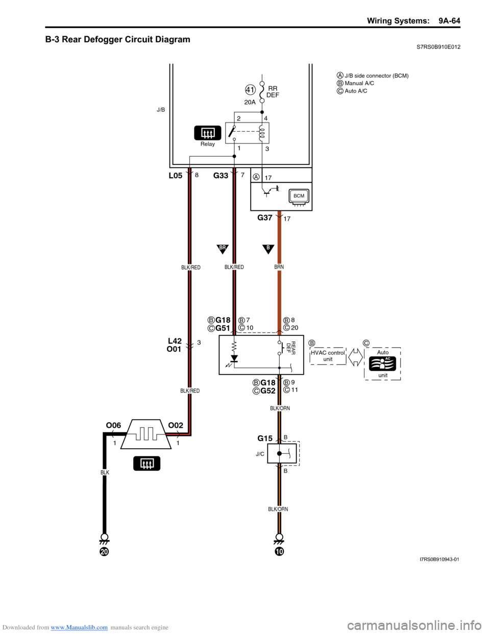 SUZUKI SWIFT 2007 2.G Service Workshop Manual Downloaded from www.Manualslib.com manuals search engine Wiring Systems:  9A-64
B-3 Rear Defogger Circuit DiagramS7RS0B910E012
L42 
O013
BLK/RED
O02
1
O06
1
20
1
2
4
3
20A RR
DEF
41
Relay
17
BRN
G3717