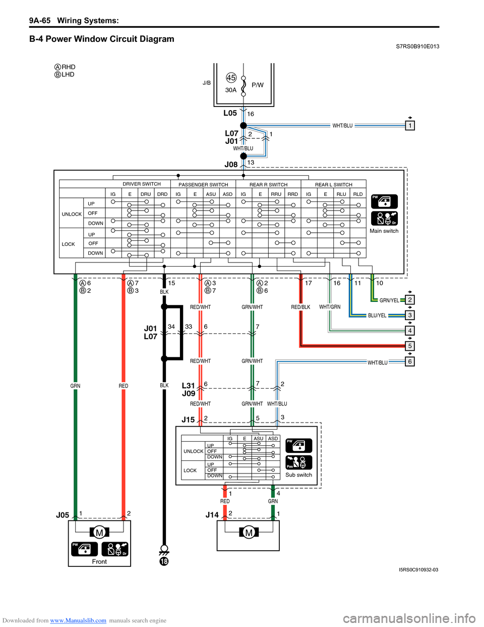 SUZUKI SWIFT 2007 2.G Service Workshop Manual Downloaded from www.Manualslib.com manuals search engine 9A-65 Wiring Systems: 
B-4 Power Window Circuit DiagramS7RS0B910E013
12
J15
L31J09
J01
L076
6
34
7
2
7
16
235
1011
1716
1
4
30A
P/W
45
Sub swit